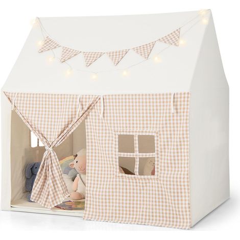 Goplus – Tente de jeu enfant 125x100x127 cm – Tapis rembourré – Lumières étoilées et fanions – Fenêtres et portes enroulables – Pour 3 enfants (1/4)