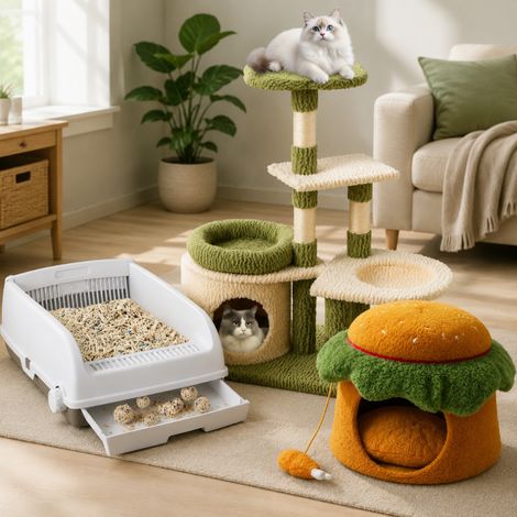 Set per il comfort del gatto e la pulizia 3 pezzi tiragraffi a amaca lettiera resistente agli schizzi e cuccia a grotta in peluche 227458907 227458907 227458907 (1/5)