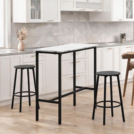 Table de bar avec 2 tabourets en acier et plateau marbre effet (1/5)