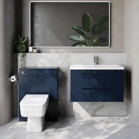 Napoli 390 Cento Deep Blue 1400mm Wall Mounted 2 Drawer Vanity Unit and Toilet Suite with Glide Basin - 1400mm - Chrome 480mm HandleWith Kingston Toilet Pan and Seat