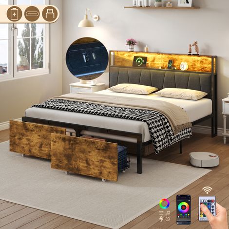 4ft6 Double Bed Frame with 2 Storage Drawers, RGB LED Storage Headboard with Charging Station, Metal Platform Bed Frame, No Box Spring Needed, Easy Assembly, Black+Walnut (No Mattress)