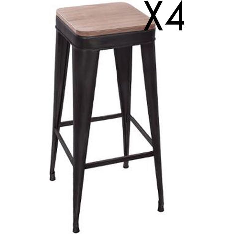 Lot de 4 tabourets de bar en métal et badamier coloris noir - Dim : L.39 x l.39 x H.79,5 cm -PEGANE-