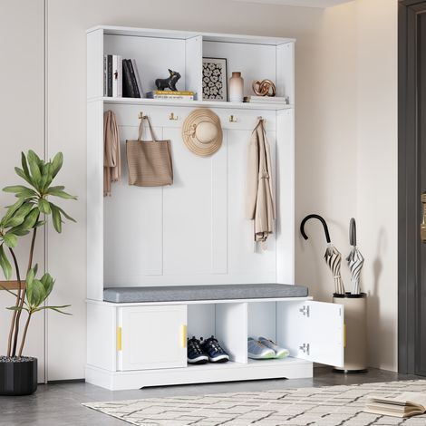DESMIU Porte-Manteau d'Entrée avec Banc, Étagère à Chaussures et 6 Crochets, en Panneau de Particules Blanc (1/5)