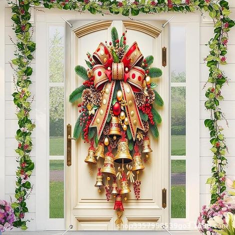 Nouveau rideau de porte de Noël, décoration pour les fêtes de famille, rideau de porte, drapeau, drapeau d'extérieur - 90 x 180 cm (perforé + ruban) - 35