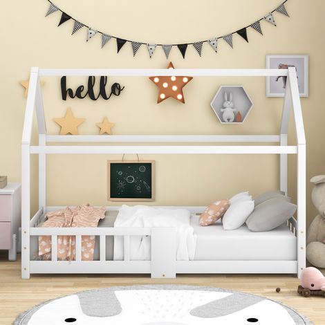 Bett Kinderbett Hausbett Rausfallschutz 90x200 Weiß OKMYHOME