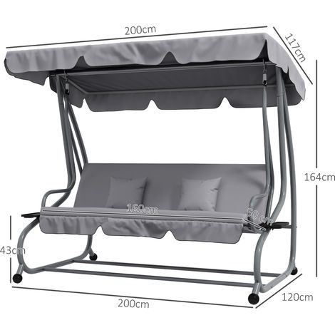 Balançoire 3 places, charge 340 kg, fonction allongée, toit réglable, table pliante, 200x120x164 cm, coloris gris clair (1/5)