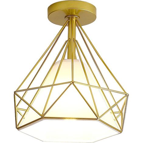Deckenleuchte Industrielle Retro Deckenlampe aus Eisen Lampenschirm in Diamant Käfig E27 25cm für Flur Küche Wohnzimmer Schlafzimmer (Gold)