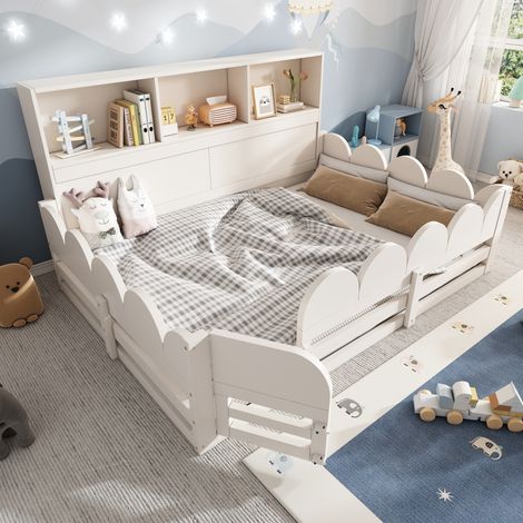 Bett Kinder Bodenbett 140x190 cm Weiß Holz mit Lattenrost, Sicherheitsgitter, Tür und Regal (1/5)