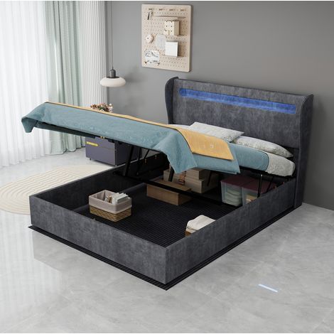 Polsterbett mit LED 140x200 Grau Stoff Metall OKMYHOME (1/5)