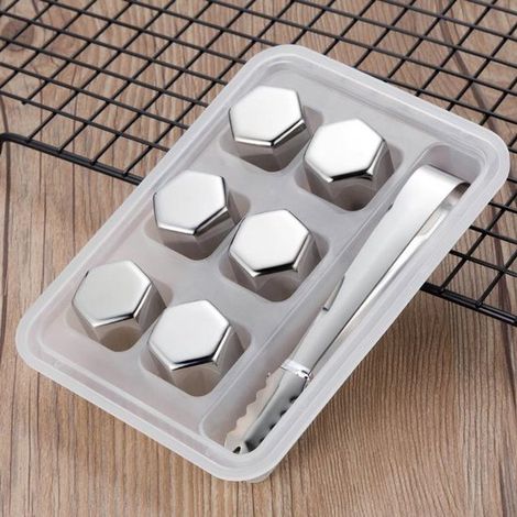 Cubitos de hielo para bebidas de 6 piezas, Cubitos de hielo de acero inoxidable para whisky, Reutilizables, Plateado, 26 x 26 x 26 mm (1/5)