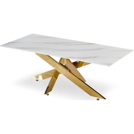 Table basse Naelle en Verre effet Marbre blanc et pieds Or