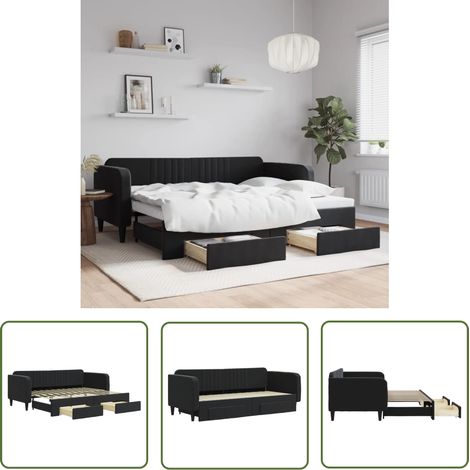 The Living Store Tagesbett Ausziehbar mit Schubladen Schwarz 90x200 cm Samt - Schlafsofa - Gästebett - Tagesbett - Ausziehbares Bett - Wohnzimmer Möbel (1/5)