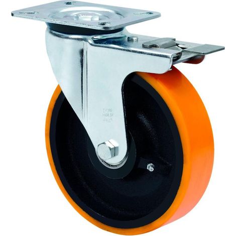 rueda giratora placa freno 4mm 10zvrfd200-hub hierro-poliur.naranja eje bolas (1/2)