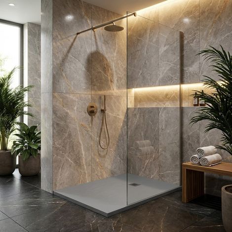 Receveur de douche en résine couleur ciment 80x90 cm avec grille et bonde - Showey (1/5)