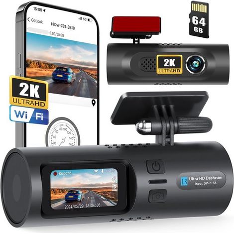 Dashcam per auto, 2K Wi-Fi con controllo tramite app, telecamera anteriore e interna con scheda SD da 64 GB, display integrato da 1,5 pollici, supporta il monitoraggio del parcheggio, sensore G, regis (1/5)