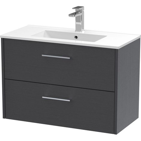 Winshill Contemporary 2 Drawer Wall Hung Vanity Unit with Minimalist Basin, Woodgrain Dark Grey, 800mm