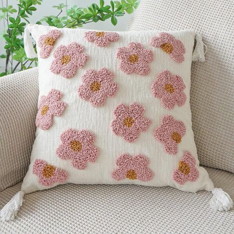 Fodere per cuscini ricamate con motivo floreale e nappe in ciniglia (rosa, 45 x 45 cm) (1/5)