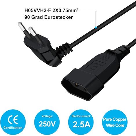 Euro Power Extension Cord 2x0.75mm² Euro Cable Extension Cable PC, TV, Monitor (Black, 0.6 m) (1/4)