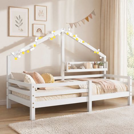 Letto per bambini in legno di pino bianco 90x200 cm con libreria integrata e barriera di sicurezza (1/5)