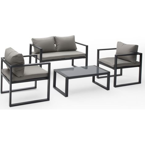 Happy Garden – Salon de jardin IBIZA 4 places – Structure aluminium anthracite – Coussins polyester gris – Table basse verre trempé (1/5)