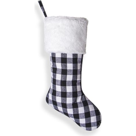 Lot de 2 bas de Noël à suspendre pour cheminée, 46 cm, en fourrure, à carreaux, décoration de Noël (blanc et noir)