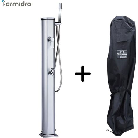 Formidra – Douche solaire 20 L en aluminium thermolaqué – Mitigeur inox gravé – Douchette flexible – Rince-pieds inclus – Installation rapide (1/4)