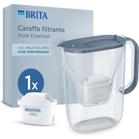 BRITA Caraffa filtrante Style Essential Stone Blue (2.4L) incl. 1x BRITA MAXTRA PRO PURE PERFORMANCE che riduce cloro, calcare, PFAS e metalli - Adatta alla porta del frigorifero, con indicatore LED (1/5)