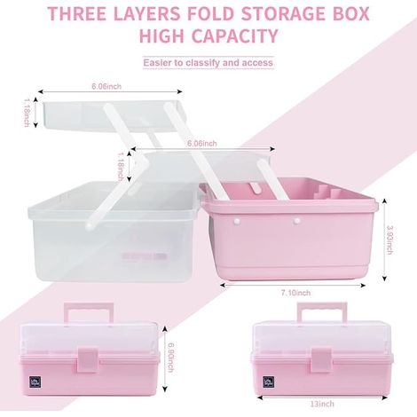 Boîte de rangement avec couches, boîte à outils en plastique avec poignée pour couture, maquillage, médicaments, ongles (Rose) (1/3)
