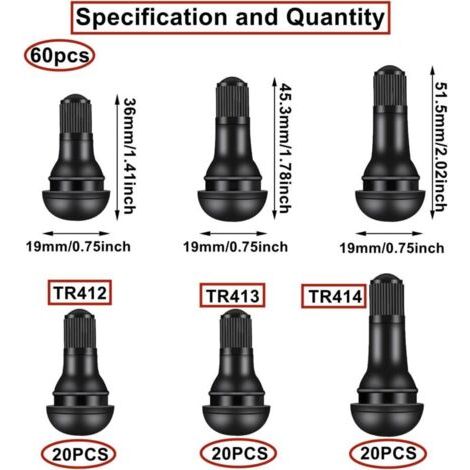 NALOOKAMIC 60 pièces Valve de Pneu, Voiture Pneu Tubeless Valve Bouchon, Valves Tubeless pour Pneus de Voiture, TR412/TR413/TR414 Valves en Caoutchouc de Voiture à Encliqueter, Noir