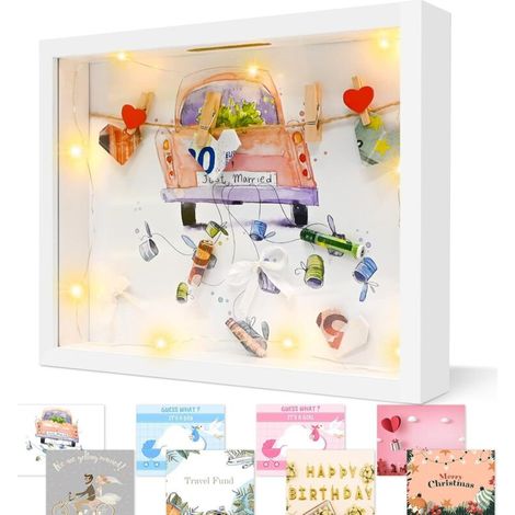 3D-Bilderrahmen zum Befüllen, personalisierte Spardose, tiefer Rahmen mit Beleuchtung und Plexiglas, Objektrahmen für Hochzeiten, Taufen, Reisen und Geburtstage