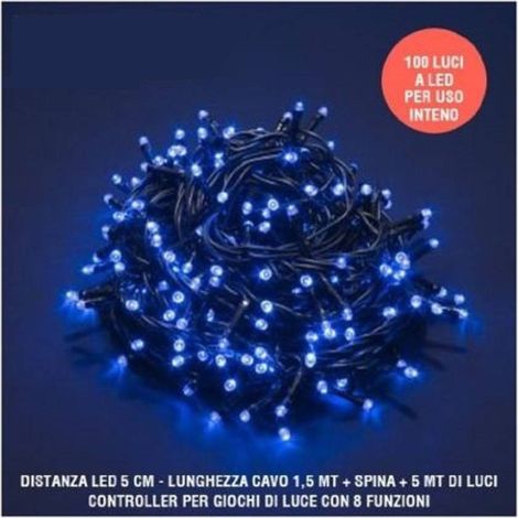 TRADE SHOP - Catena Luci A Led Natalia 100 Led Lucciole Blu Con Controller 8 Funzioni Interno -