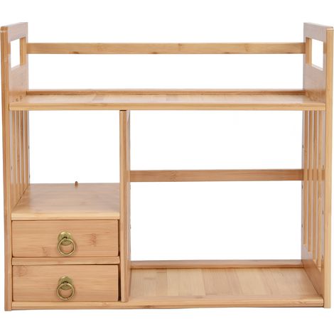 Étagère de bureau en bambou avec 2 tiroirs, rangement comptoir robuste et écologique, design rétro stable, capacité 40kg, idéal pour maison ou bureau (1/5)