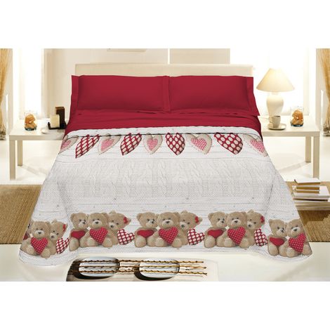 Copriletto estivo made in Italy 100% cotone piquet singolo matrimoniale orsetti Rosso - 1 Piazza