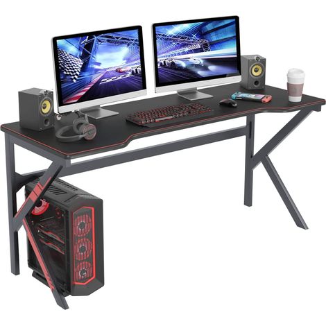 Soges Gaming Tisch Schreibtisch 160 cm PC Gamer Schreibtisch Großer schwarzer Computertisch für Spielraum Büro Zuhause mit vollem Deckungsmausträger, USB Tower, Kopfhörerhalter und Cuphalter (1/5)