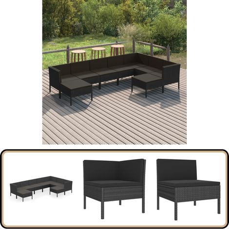 9-tlg. Garten-Lounge-Set mit Auflagen Poly Rattan Schwarz - Gartensonnenliege - Gartenloungeset - Outdoor-Sofa - Poolparty - Gartenmöbeln