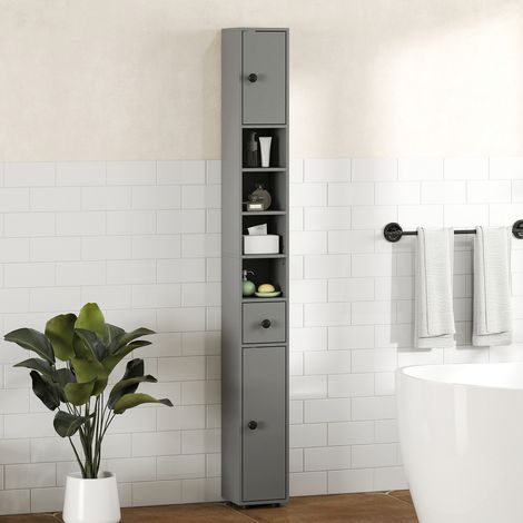 Mobiletto da bagno, 4 ripiani, cassetto, in truciolato, design sottile, grigio