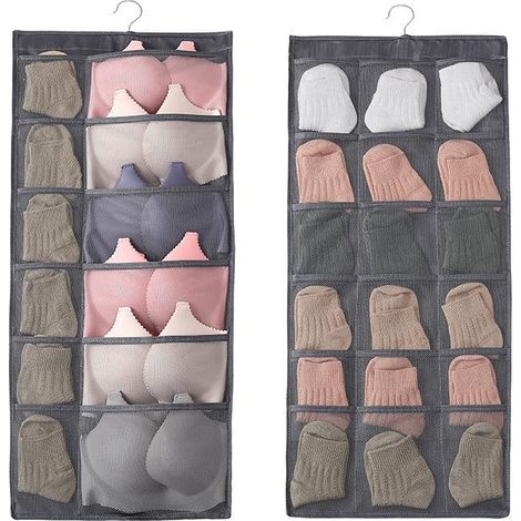 Sac de rangement suspendu gris à 30 poches, organisateur double face avec système de suspension pour soutiens-gorge, chaussettes et sous-vêtements. (1/5)