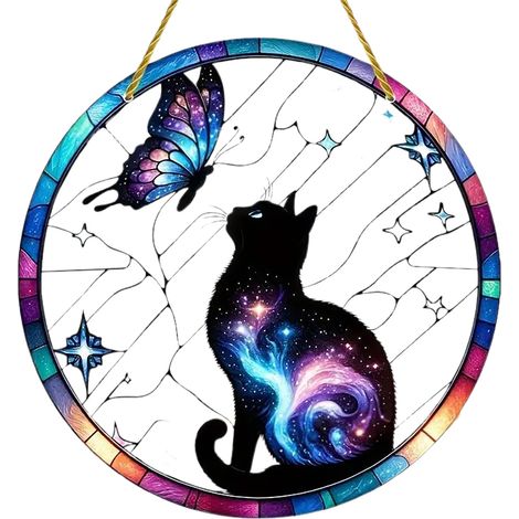 Decoración acrílica para ventana 【YK6007】Gato y mariposa galáctica, impresión a color a doble cara, 20 x 20 cm, serie Gato Pavo Real (1/3)