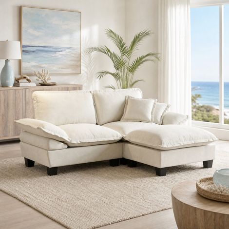Sofá rinconero modular 194 x 151 x 90 cm con 1 puf móvil, 2 cojines, chenilla beige HAVRYA (1/5)