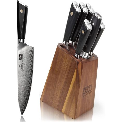 Set de Couteaux de Cuisine Damas 7 Pièces avec Bloc, Couteaux Japonais en Acier Damas 67 Couches 10Cr15MoV, Bloc Couteaux Ultra Tranchants avec Manche G10 (1/5)