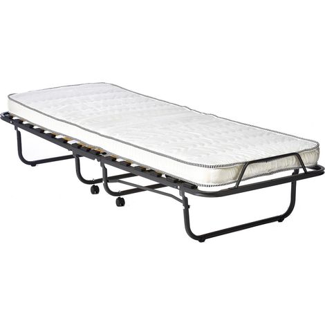 Lit pliant avec matelas 80 x 190 cm – Épaisseur 11 cm – Hauteur 27 cm – Fer peint et bois traité – Rangement facile – Jardindeco