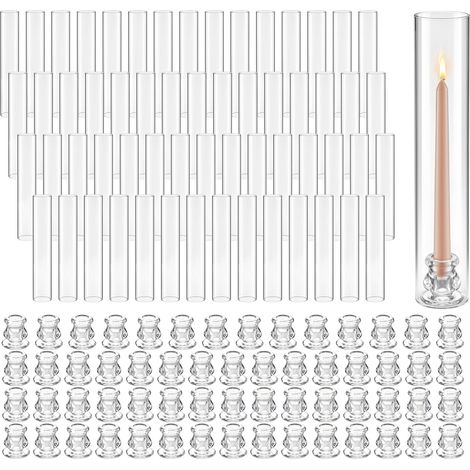 VEVOR Juego de 60 Portavelas de Cristal Hurricane, Vidrio de Borosilicato, Portavelas de Vidrio Cilíndricos Altos, Diámetro 65 mm, Altura 350 mm, para Centros de Mesa, Decoración y Bodas, Transparente (1/5)
