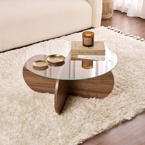 LILY - Table basse ronde en verre piètement couleur bois foncé D75 cm