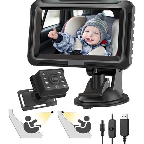 Caméra de surveillance bébé pour voiture, rétroviseur pour siège arrière bébé 1080p, connexion USB Plug-and-Play, rétroviseur bébé avec vision nocturne HD et angle de vision de 150°, rétroviseur de vo (1/5)