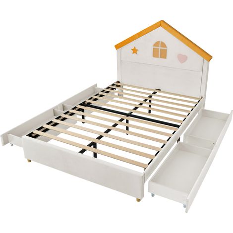 Letto per bambini a forma di casa 140x200 cm in velluto beige con 4 cassetti (1/5)
