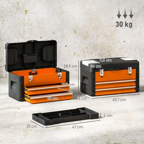 Coffre à outils vide 49,7 x 25,3 x 28,9 cm, caisse à outils avec tiroir, mini boîte, compartiment supérieur, poignée, malle en acier orange (1/5)