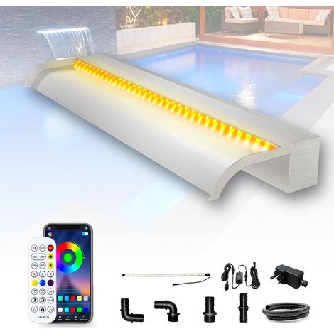 Kit Cascade de 90cm pour Bassin, Lame de Cascade Courbe en Acier Inoxydable avec LED 7 Couleurs et télécommande, Largeur 25,5cm (1/5)