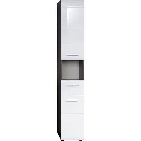 Line Bad Hochschrank 2 Türen, 1 Schublade, 1 offenes Fach rauchsilber, weiß Hochglanz.