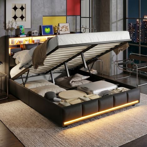 BLANKETSWARM - Lit coffre 160x200 cm avec sommier, lit adulte double avec tête de rangement- Ports USB et LED réglables - PU Noir (1/5)