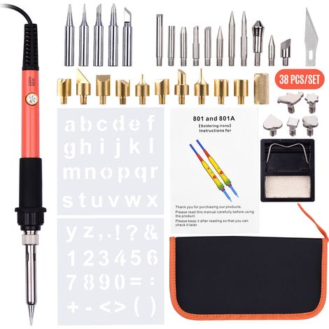 Kit de pirograbado de 38 piezas con lápiz de temperatura ajustable de 200 a 450 °C, ideal para grabar, repujar y soldar sobre madera. (1/5)